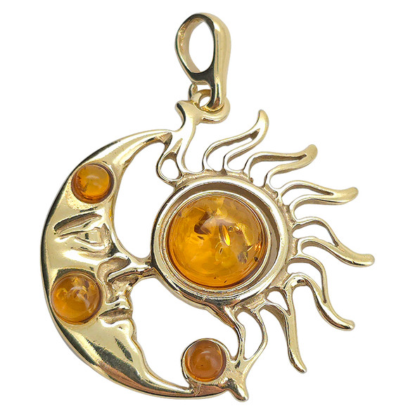 Cognac Amber Sun and Moon Gold Plated Silver Pendant