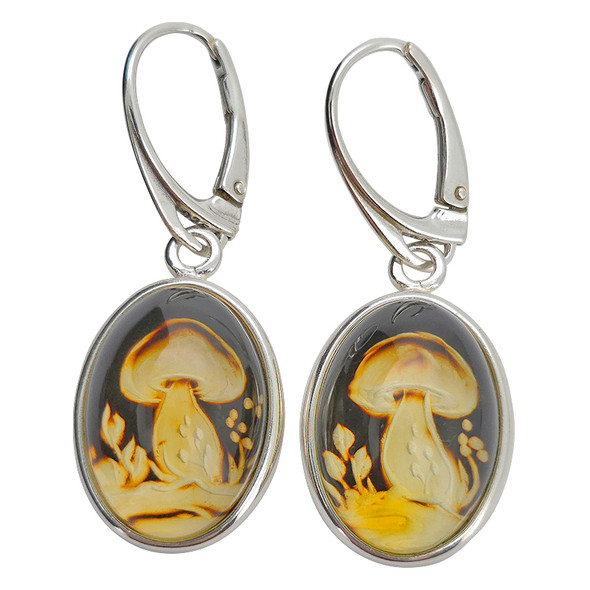 Amber Cameo / Intaglio Mushroom Hook Earrings