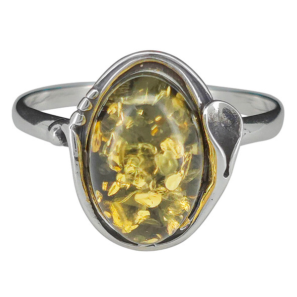 Green Amber Freeform Lily Sterling Silver Bezel Ring