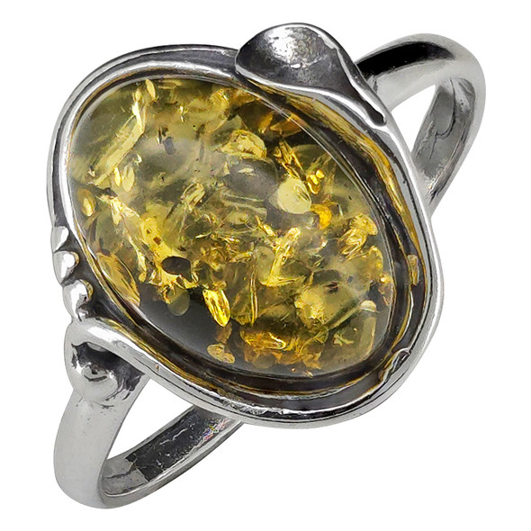 Green Amber Freeform Lily Sterling Silver Bezel Ring