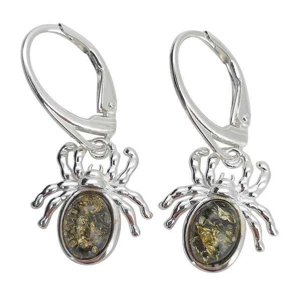 Green Amber Sterling Silver Spider Hook Earrings