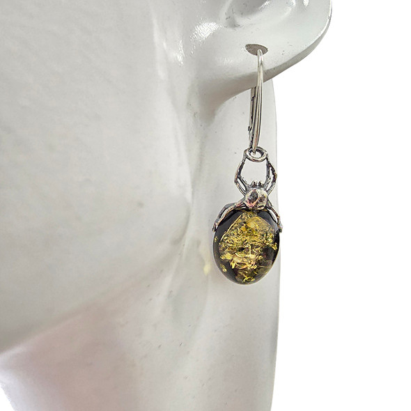 Green Amber Oxidized Sterling Silver Spider Hook Earrings