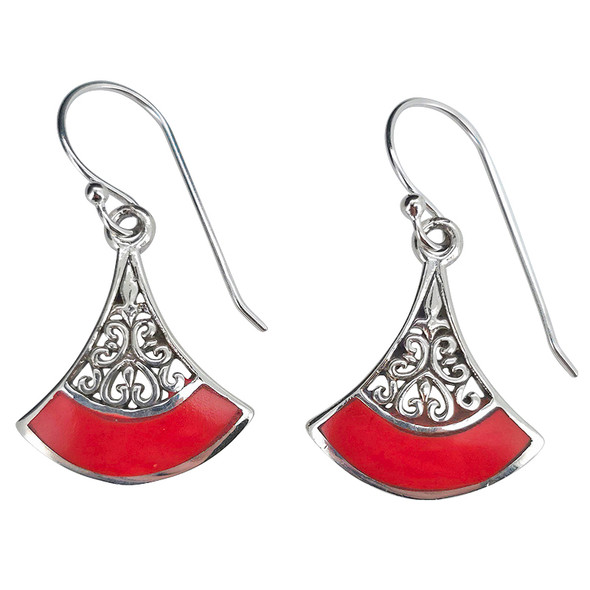 Filigree Coral Sterling Silver Dangle Earrings