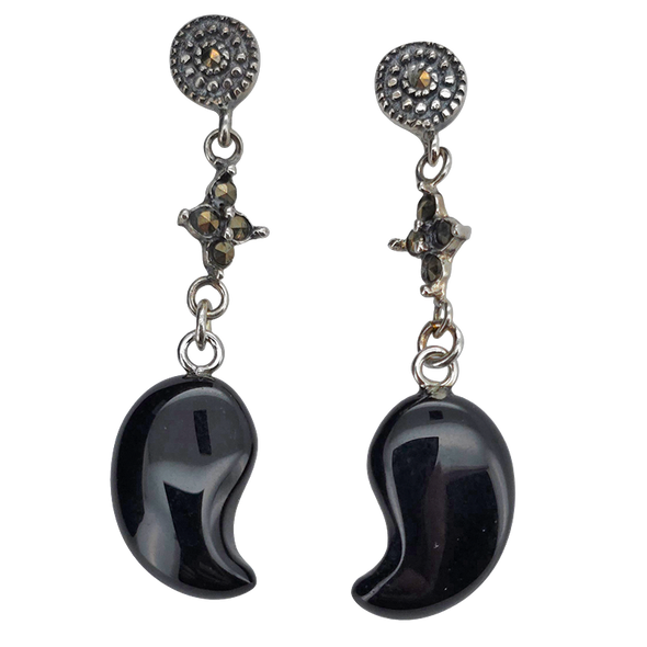 Black Agate Sterling Silver Post Dangle Earrings