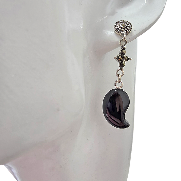 Black Agate Sterling Silver Post Dangle Earrings