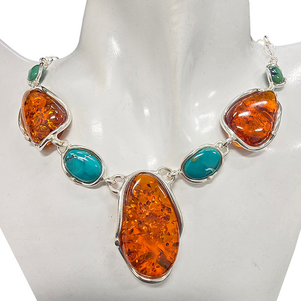 Amber/Turquoise Sterling Silver Handmade Necklace
