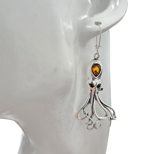 Amber Sterling Silver Octopus Hook Earrings