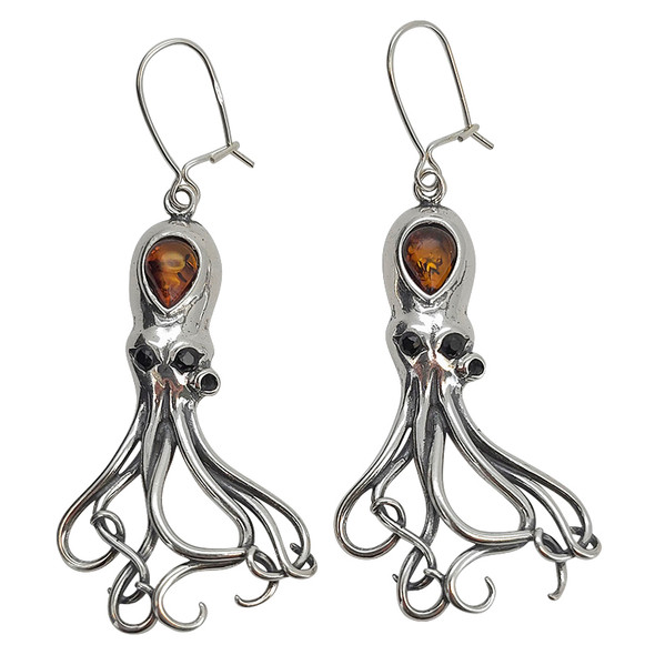 Amber Sterling Silver Octopus Hook Earrings