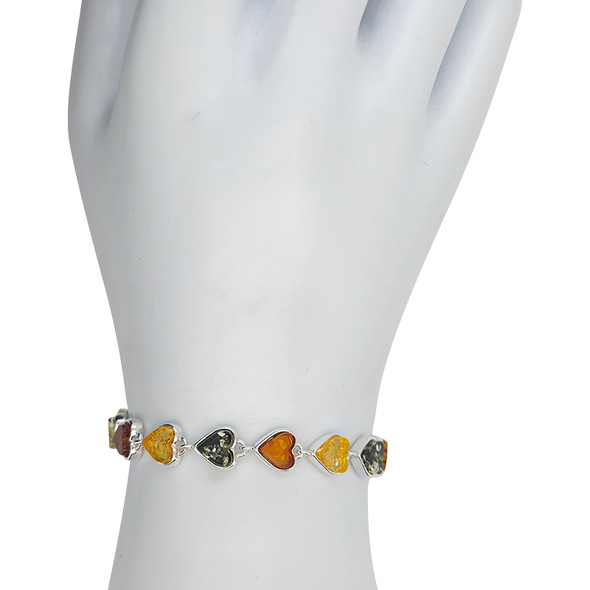Multi-Color Amber Sterling Silver Heart Link Bracelet