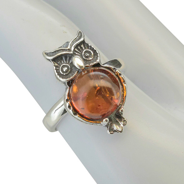 Amber Sterling Silver Owl Adjustable Ring