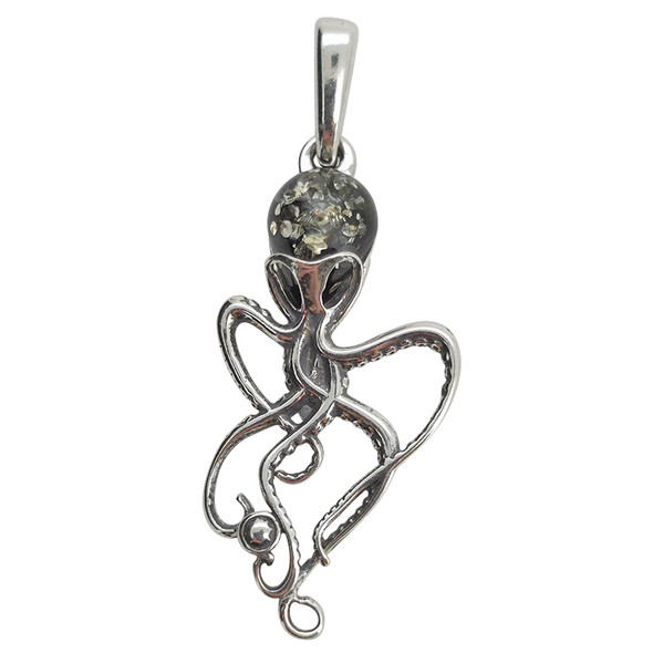 Octopus Green Amber Sterling Silver Small Pendant