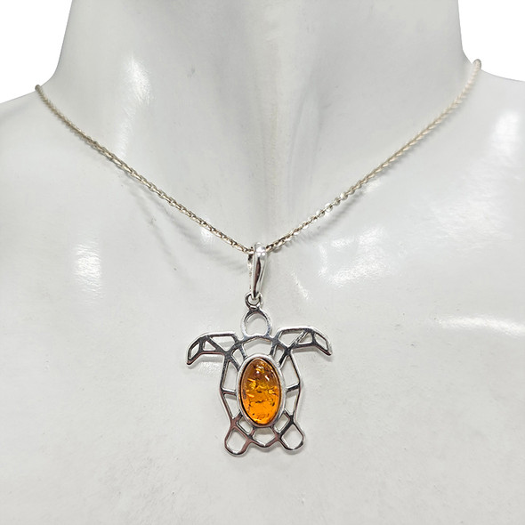Turtle Cognac Amber Sterling Silver Pendant
