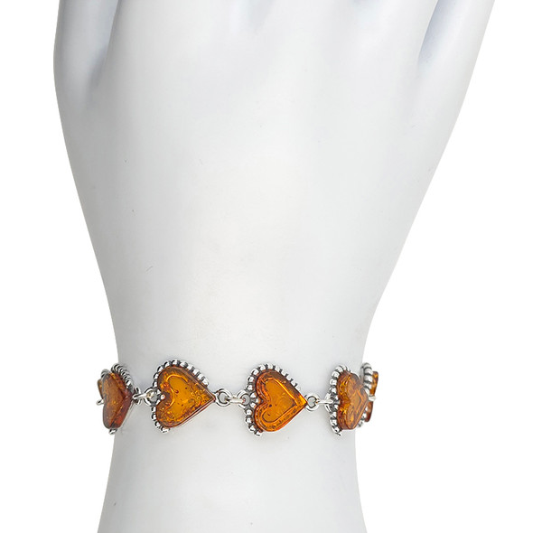 Heart Cognac Amber Sterling Silver Link Bracelet