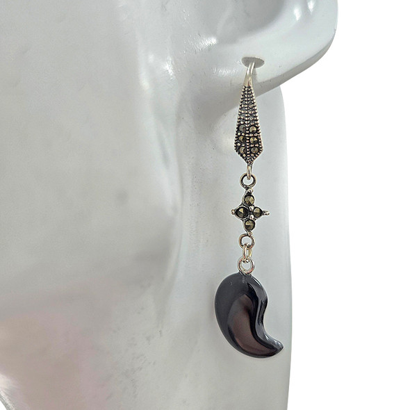 Black Agate Sterling Silver Post Dangle Earrings