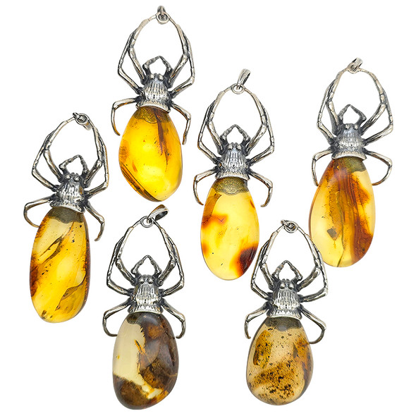 Natural Amber Sterling Silver Handmade Spider Pendant
