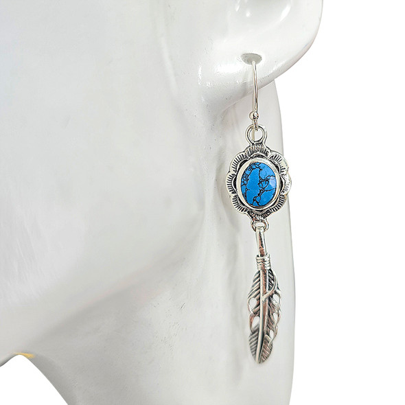 Howlite Sterling Silver Feather Hook Earrings