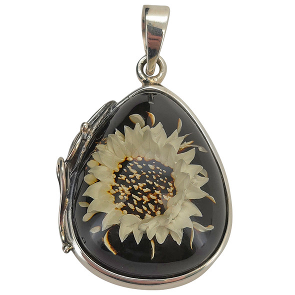 Sunflower Cameo Amber Sterling Silver Pendant
