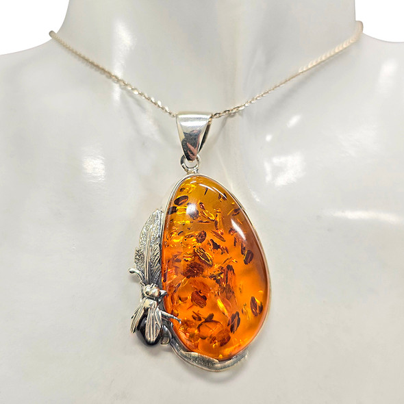 Amber Sterling Silver Fly Handmade Pendant