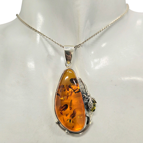 Multi-Color Amber Sterling Silver Fly Handmade Pendant