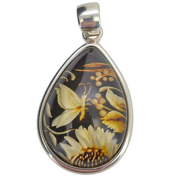 Butterfly and Sunflower Cameo Amber Sterling Silver Pendant