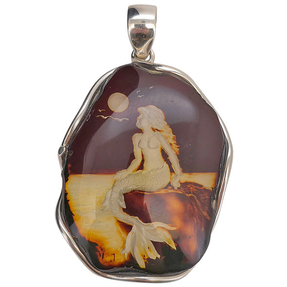 Mermaid and Moonlit Seascape Cameo Amber Sterling Silver Pendant