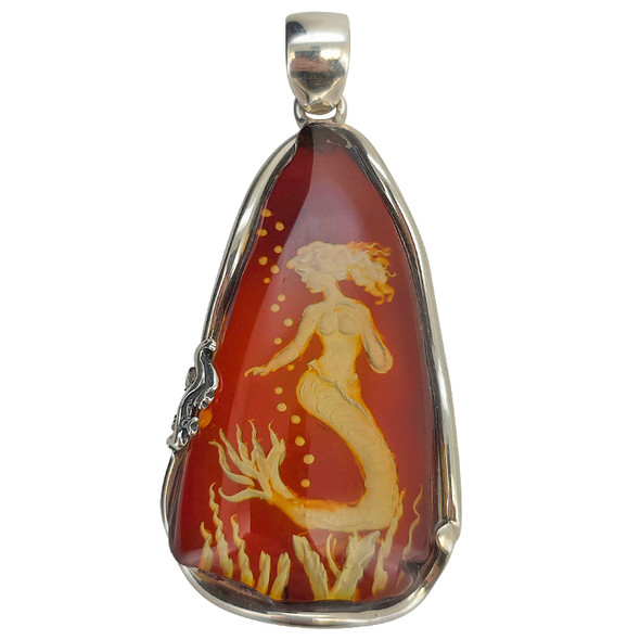 Freeform Amber Cameo Mermaid Sterling Silver Pendant