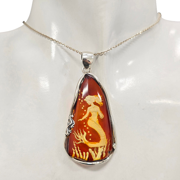 Freeform Amber Cameo Mermaid Sterling Silver Pendant