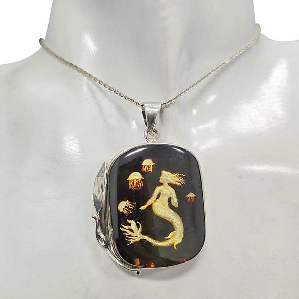 Handmade Cameo Mermaid and Jellyfish Sterling Silver Pendant