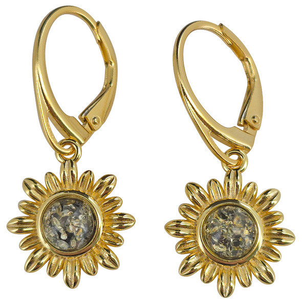 Green Amber Gold Plated Silver Sunflower Hook Earrings