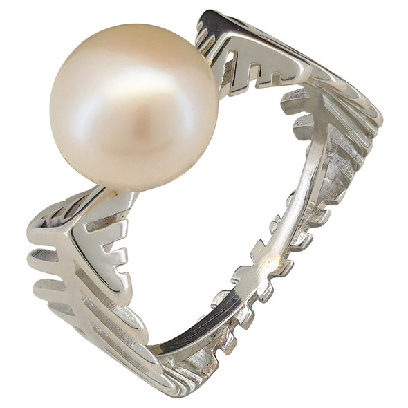Pearl Geometric with Feather-Patterned Band Sterling Silver Ring