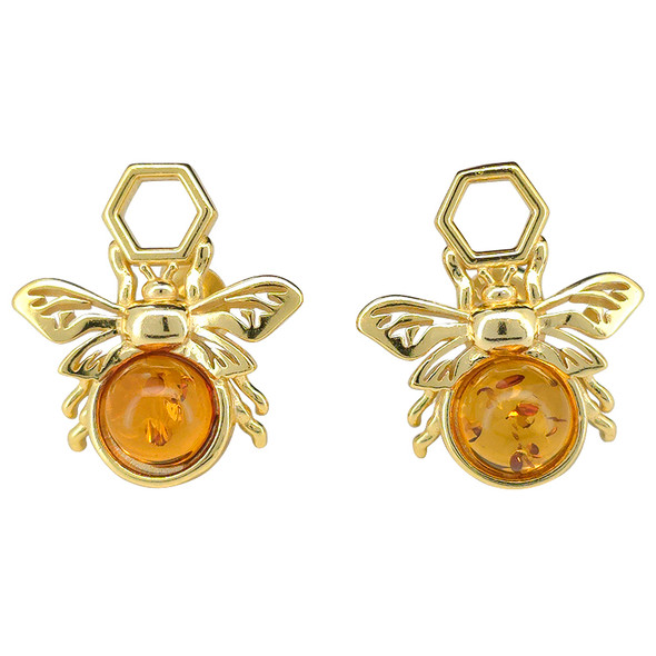 Amber Gold Plated Silver Bee on Honeycomb Stud Earrings