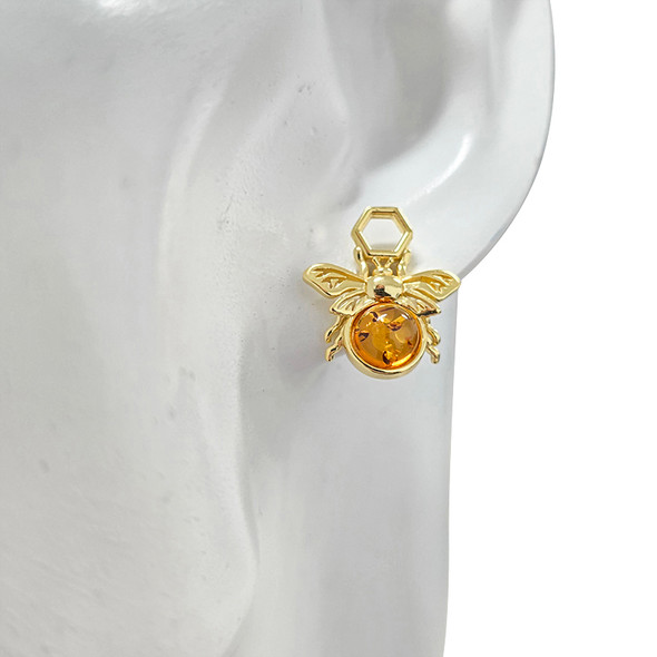 Amber Gold Plated Silver Bee on Honeycomb Stud Earrings