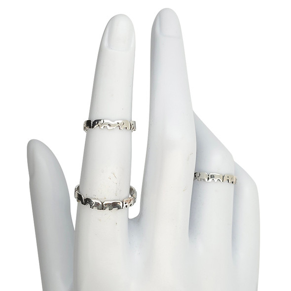 Elephant sterling silver ring shown stacked on mannequin hand