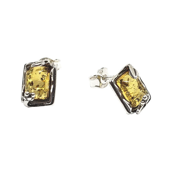 Citrine Baltic Amber Sterling Silver Stud Earrings Amber Jewelry Rectangle Shape