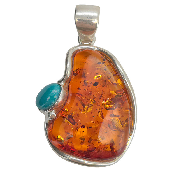 Cognac Amber and Turquoise Sterling Silver Freeform Handmade Pendant