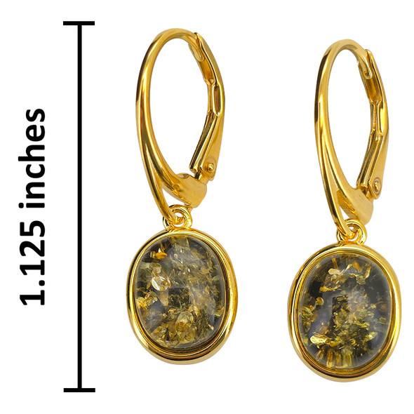 14K Gold Plated Silver Green Amber Classic Oval Earrings