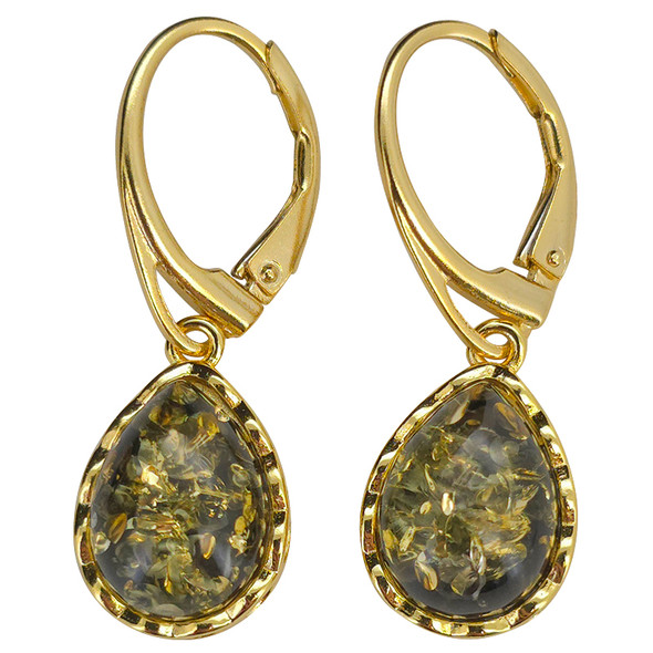 14K Gold Plated Silver Green Amber Classic Teardrop Earrings