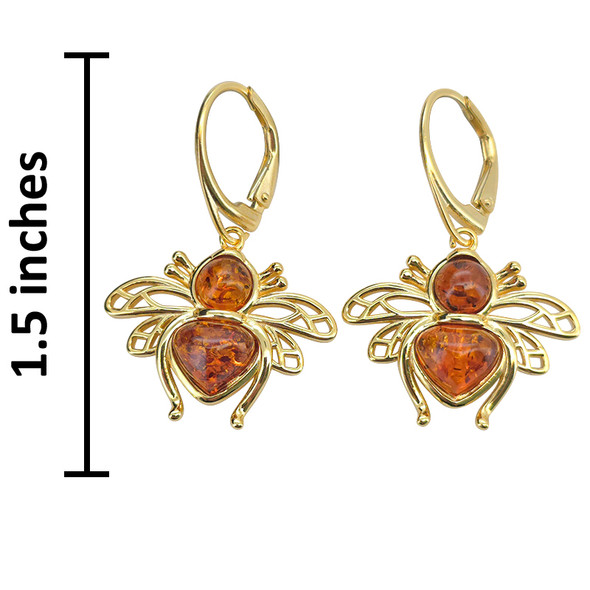 14K Gold Plated Silver Cognac Amber Bee Earrings