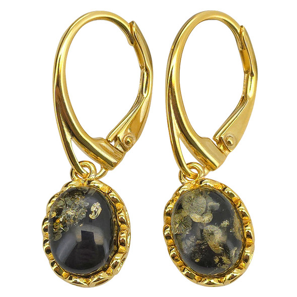 14K Gold Plated Silver Green Amber Classic Oval Earrings