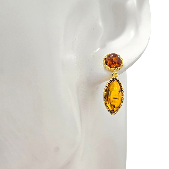 14K Gold Plated Silver Cognac Amber Classic Marquise Post Earrings