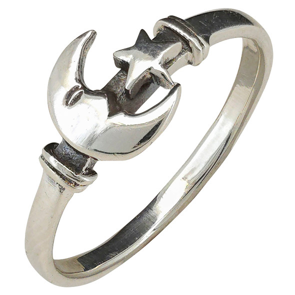 Celestial Moon and Star Motif Sterling Silver Stacking Ring