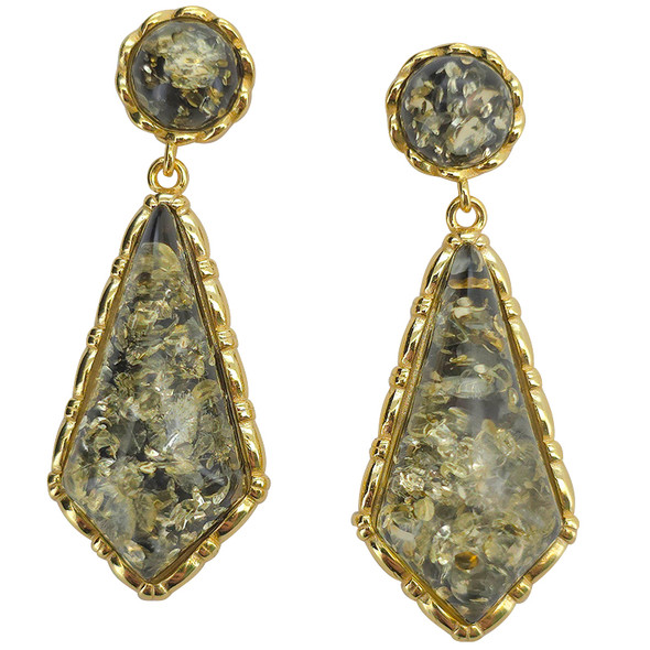 14K Gold Plated Green Amber Kite Post Dangle Earrings
