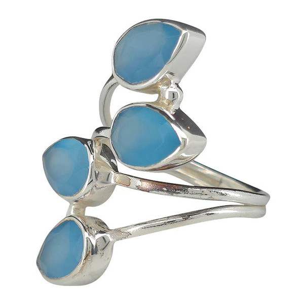 4-Stone Faceted Blue Chalcedony Silver Adjustable Ring