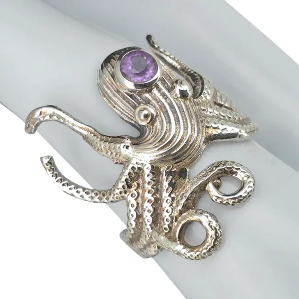 Faceted Amethyst Sterling Silver Octopus Ring
