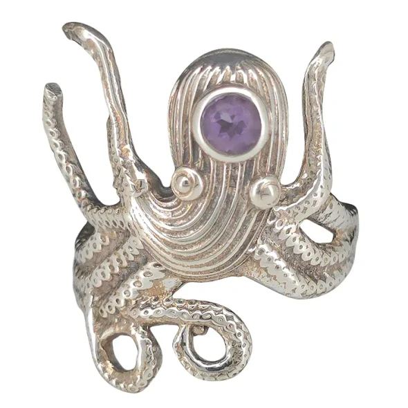 Faceted Amethyst Sterling Silver Octopus Ring