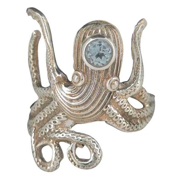 Faceted Blue Topaz Sterling Silver Octopus Ring