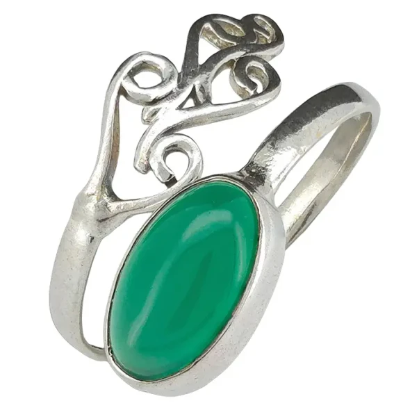 Green Onyx Leaf Design Silver Adjustable Ring