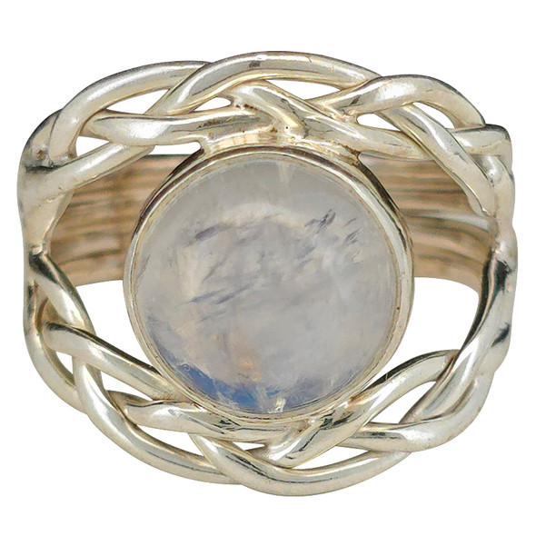 Moonstone Sterling Silver Round Ring With Intertwined Band