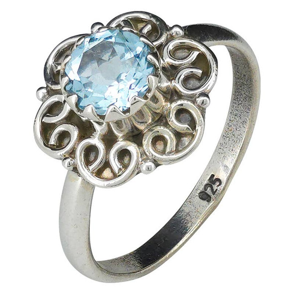 Faceted Blue Topaz Flower Style Silver Ring