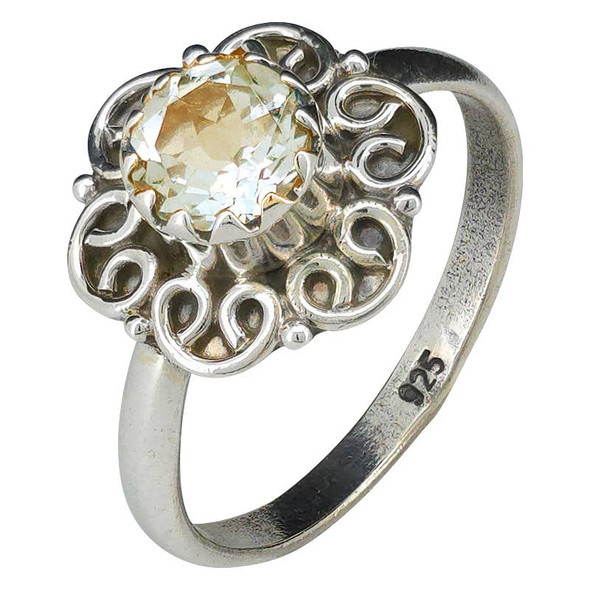 Faceted Citrine Flower Style Silver Ring